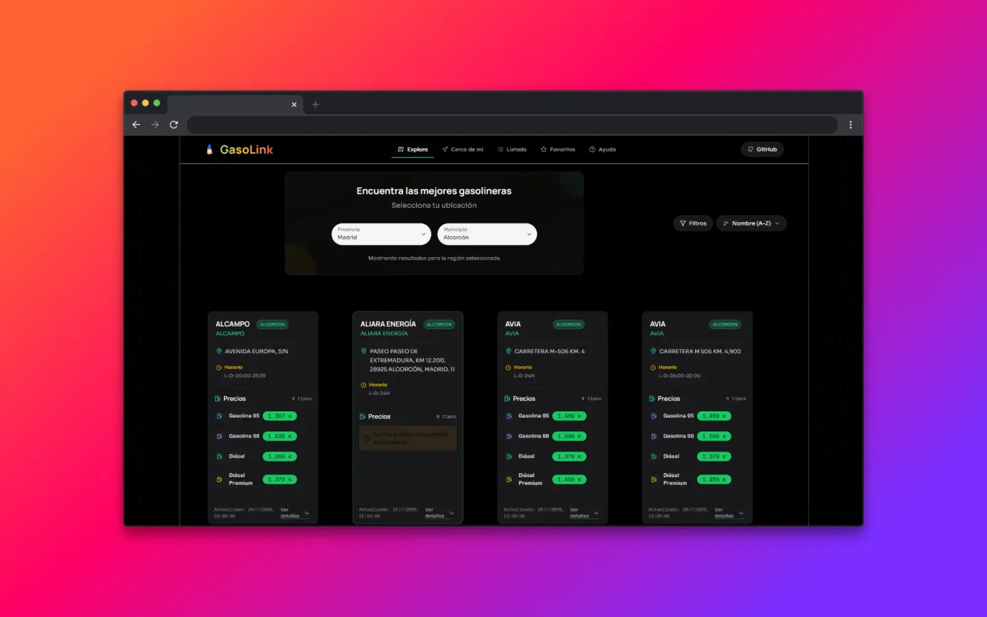 GasoLink: Desktop application for locating, comparing and saving Spanish gas stations through maps and public pricing data.
