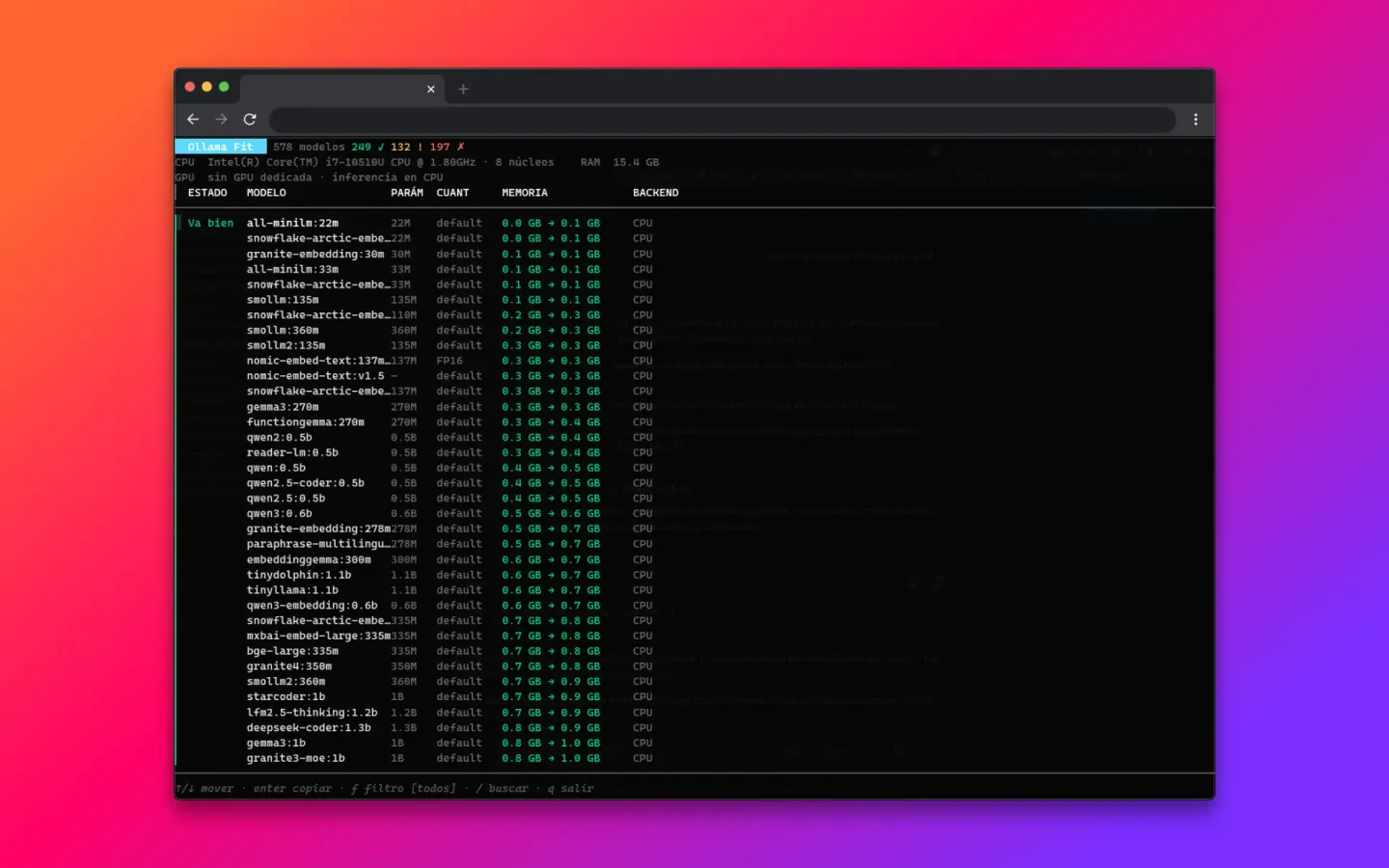 Ollama-Fit: Go TUI and CLI that matches a machine's hardware against the Ollama catalog to estimate which local models it can run.