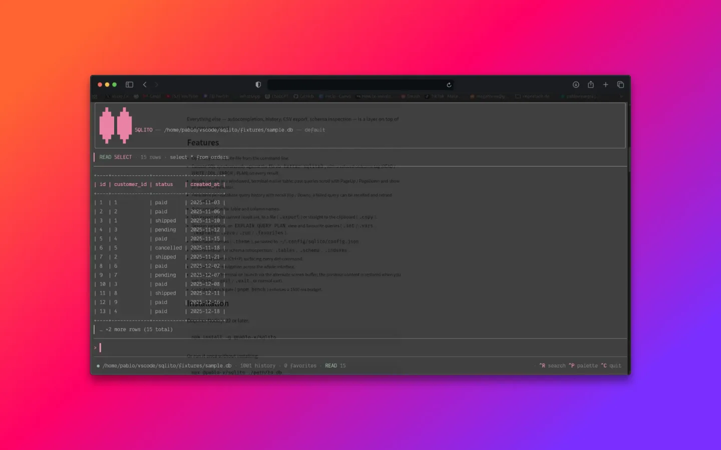 SQLito: Keyboard-first SQLite client for the terminal: SQL is the interface; history, autocomplete and the results table only keep you in flow.
