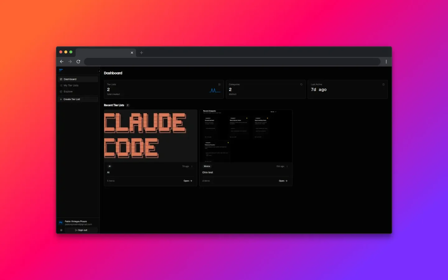 Tier Maker: Tier-list editor with persistence, PNG export, public discovery and local work recovery.