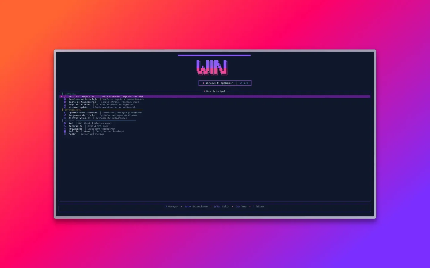 win_opt: Rust TUI that brings Windows 11 maintenance, privacy and disk-space tasks together in a single binary.
